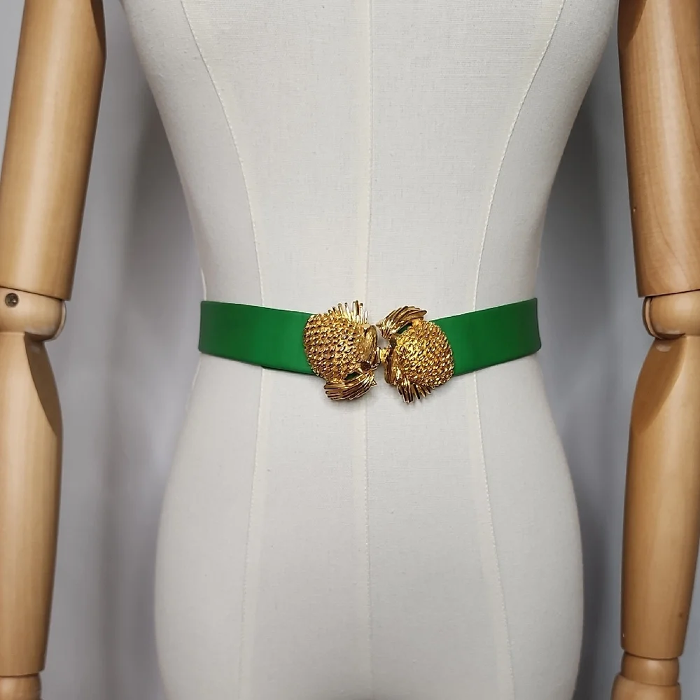 Vintage Green Belt with Gold Pinecone Buckle - Picture 1 of 7